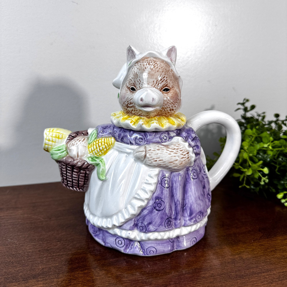 Vintage Heritage Mint Mrs Pig Decorative Teapot 1991 Purple Dress Corn Basket